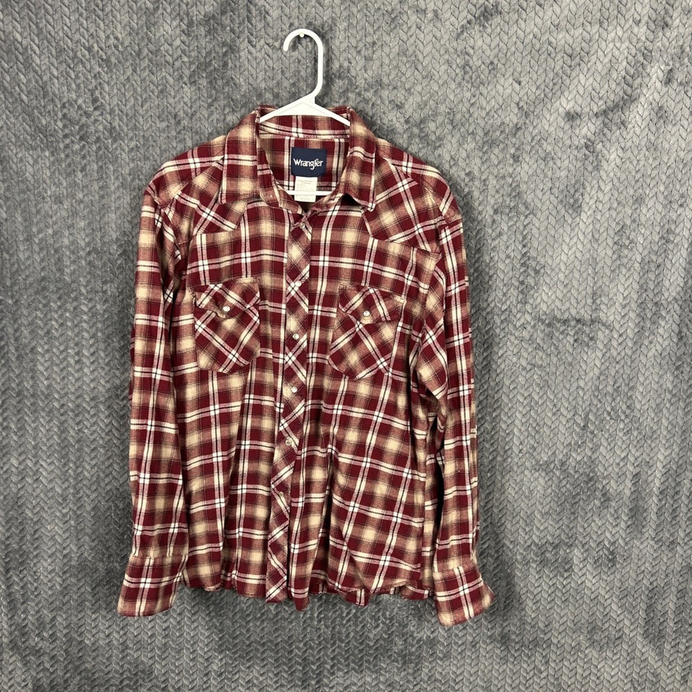 Wrangler Wrancher Men's XL Red Plaid Long Sleeve Pearl Snap Western Shirt Cotton